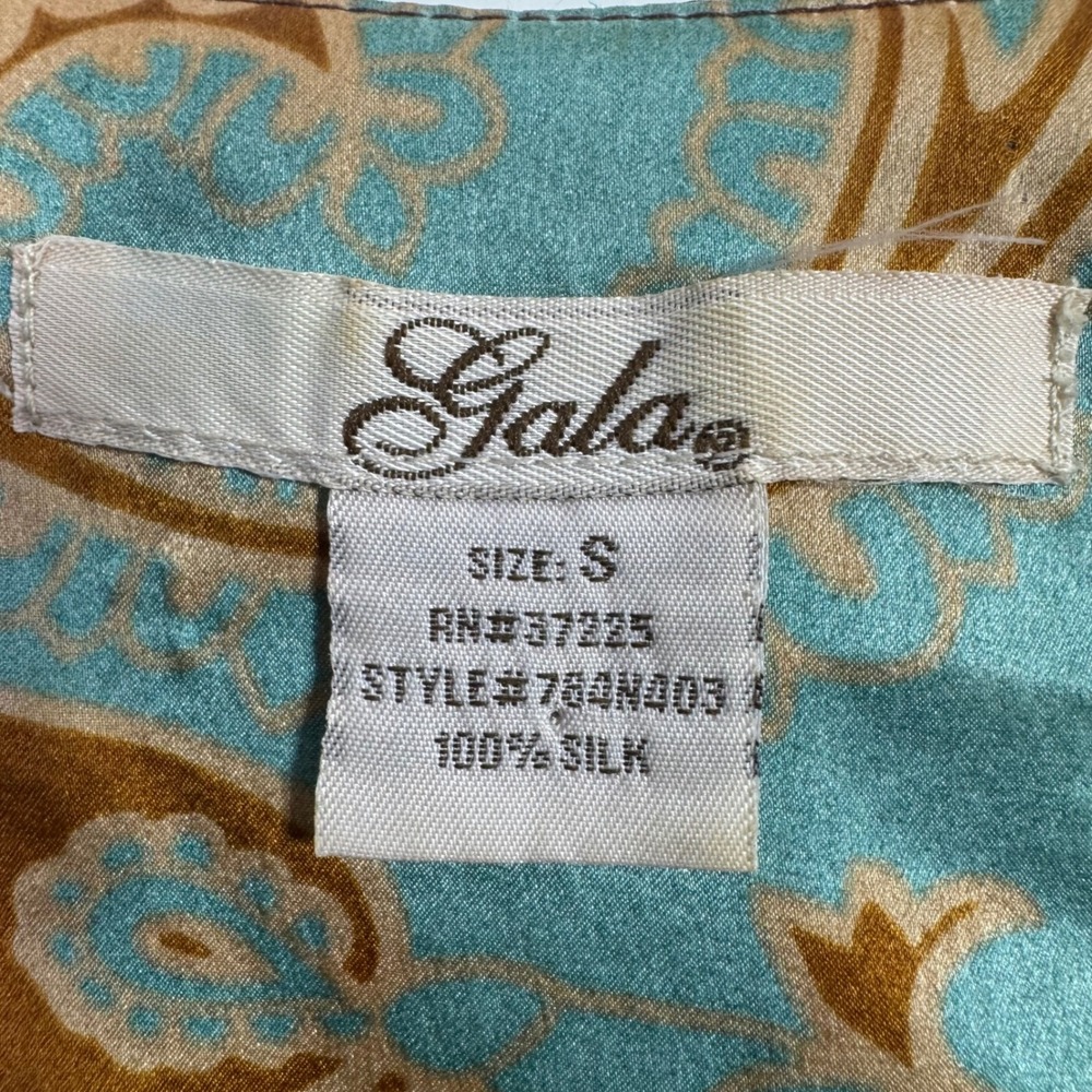 VTG Gala Small Kimono Style Blouse Y2K Top 100% Silk Teal Brown VNeck Belted - Picture 3 of 6